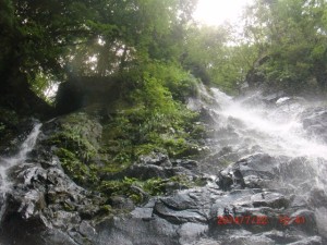 １５ｍ大滝全体が映ってます 今日は水量が多く左端にも滝が有ります。登ったのは寒さを避けるため流れの無い真ん中の滑りやすい所にしました。